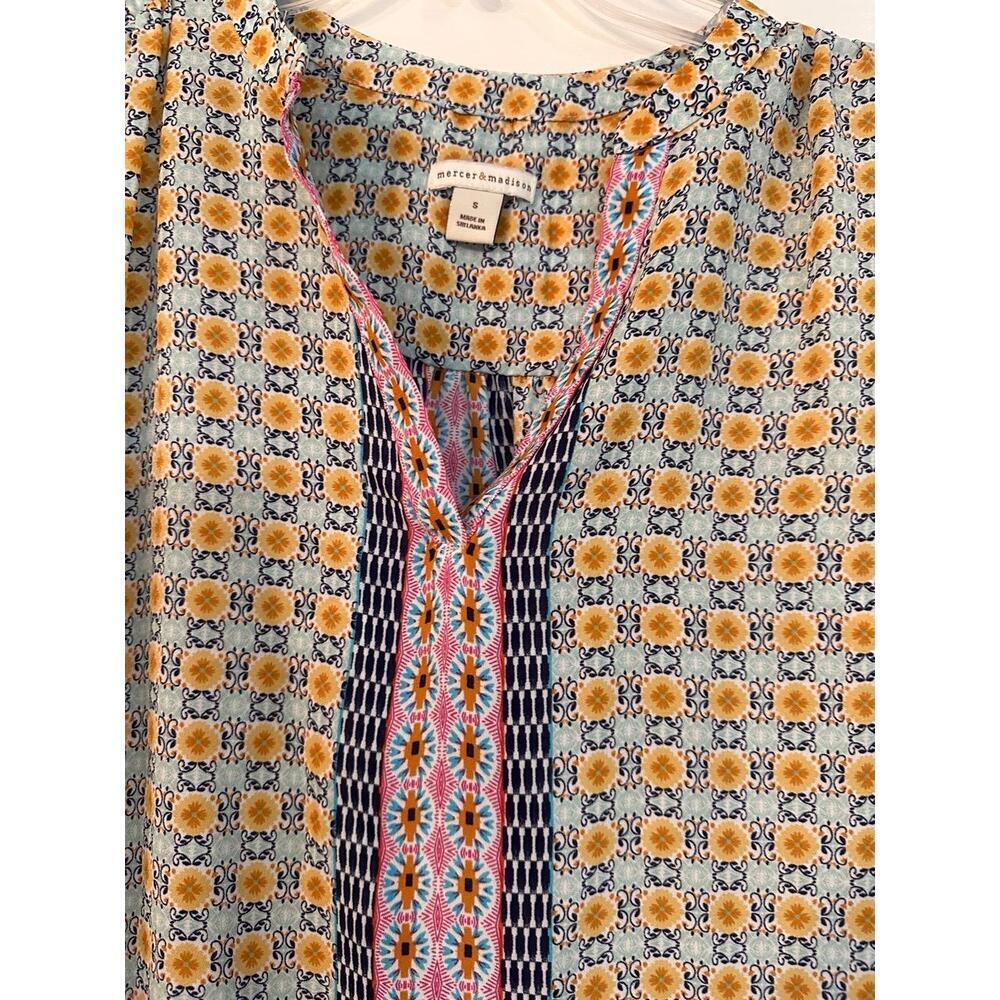 Mercer & Madison Womens S Multi Geometric Tie V-Neck Blouse Bohemian - Picture 3 of 5